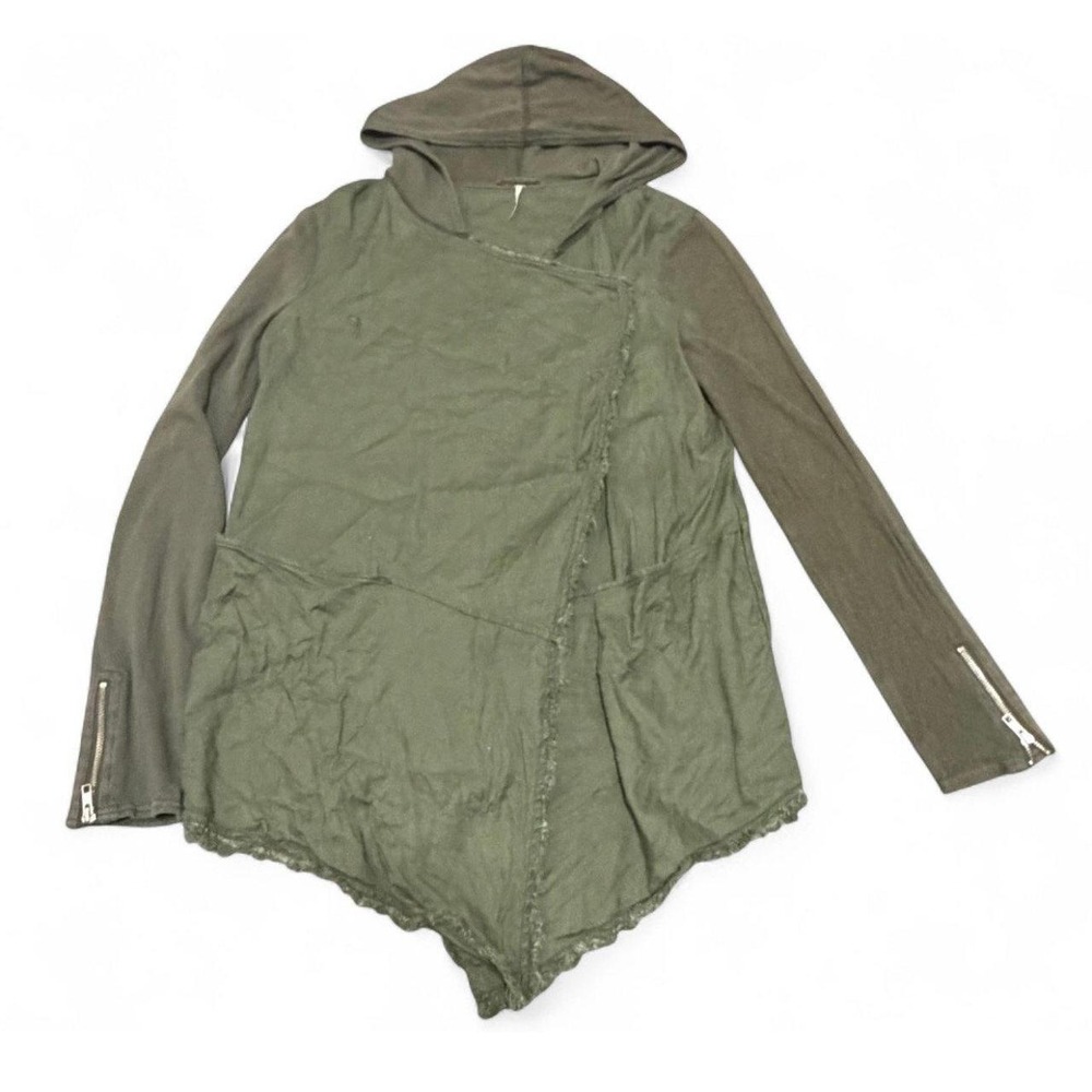Free People Drippy Linen Jacket Womens M Olive Green Hooded Asymmetrical Boho